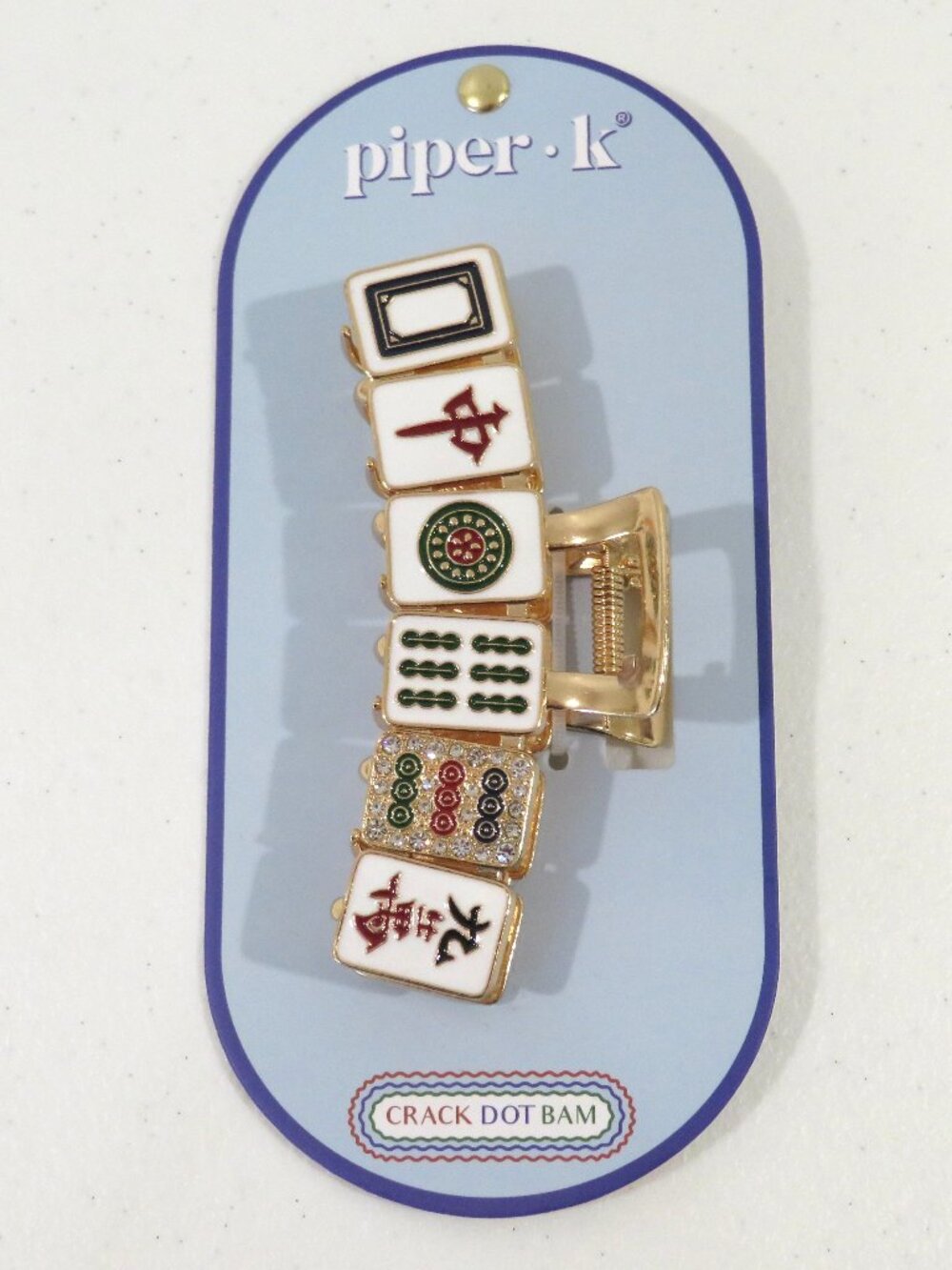Piper K Mahjong Tile Hair Clip Metal Claw Enamel Rhinestones